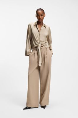 Relaxed-fit blouse in stretch satin with tie detail, Beige