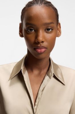 Relaxed-fit blouse in stretch satin with tie detail, Beige