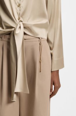 Relaxed-fit blouse in stretch satin with tie detail, Beige