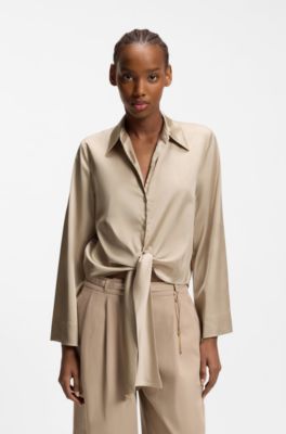 Relaxed-Fit Bluse aus Stretch-Satin mit Krawatten-Detail, Beige