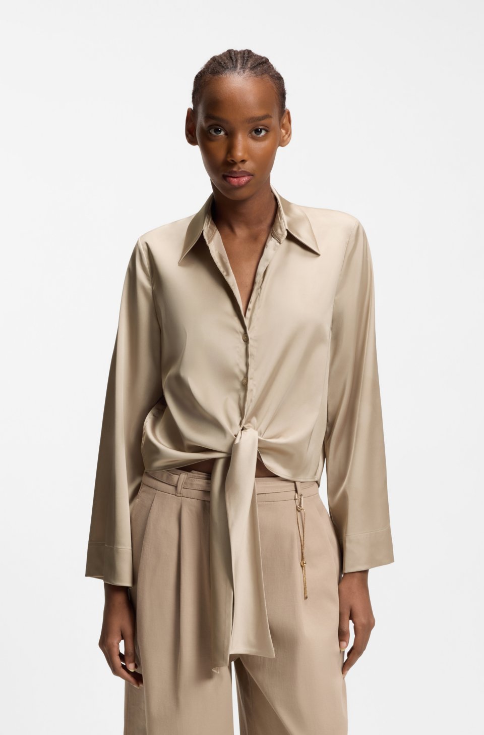 Tie-front satin blouse