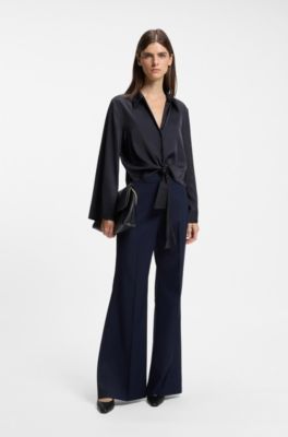 Tie-front satin blouse, Dark Blue