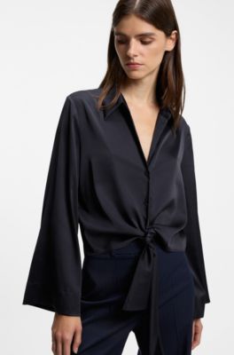 Tie-front satin blouse, Dark Blue