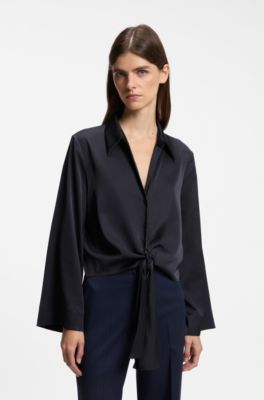 Tie-front satin blouse, Dark Blue