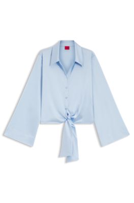 Regular-fit blouse with tie hem, Light Blue