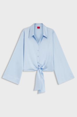 Relaxed-fit blouse van stretchsatijn met strikdetail, Lichtblauw