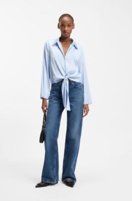 Relaxed-fit blouse van stretchsatijn met strikdetail, Lichtblauw