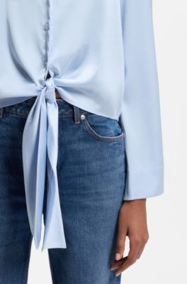Relaxed-fit blouse van stretchsatijn met strikdetail, Lichtblauw