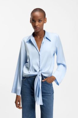 Relaxed-fit blouse in stretch satin with tie detail, Light Blue