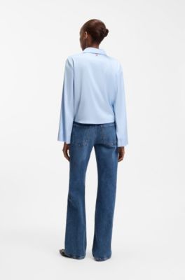 Relaxed-fit blouse van stretchsatijn met strikdetail, Lichtblauw