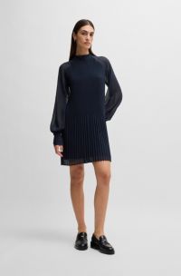 Robe à col montant à détails plissés et manches transparentes, Bleu foncé