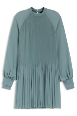 Pliss&eacute; dress with sheer sleeves, Light Blue