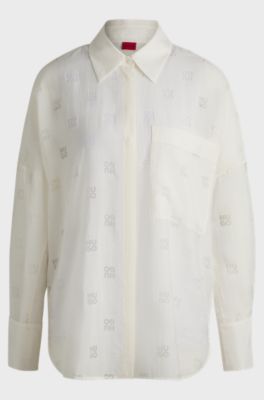 Oversized-fit blouse with burnout logo print, Natural