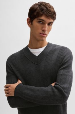BOSS - Pullover aus Schurwolle mit Struktur-Mix und V-Ausschnitt ...