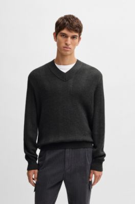 90s 'Hugo Boss' Grey Black Geometric Abstract V-Neck Knitted Sweater Jumper L main image 1