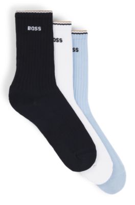 Three-pack of cotton-blend short socks with logos, White / Blue