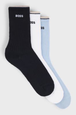Three-pack of cotton-blend short socks with logos, White / Blue
