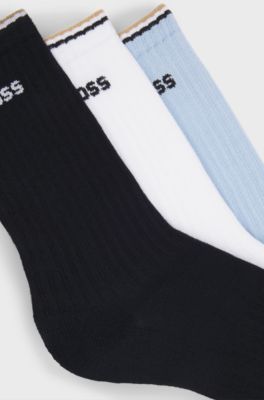 Three-pack of cotton-blend short socks with logos, White / Blue