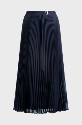Belted skirt in pliss&eacute; crepe, Dark Blue