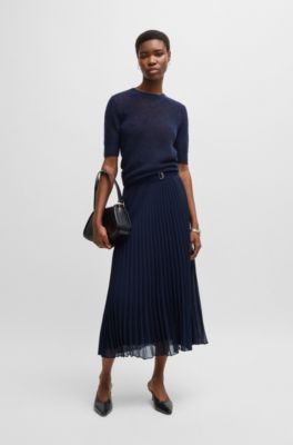 Belted skirt in pliss&eacute; crepe, Dark Blue