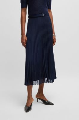 Belted skirt in pliss&eacute; crepe, Dark Blue