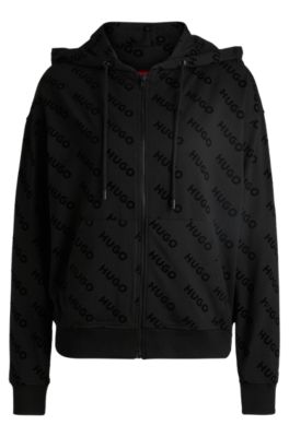 Jersey zip-up hoodie with flock-print logos, Black Patterned