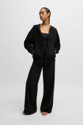 Jersey zip-up hoodie with flock-print logos, Black Patterned