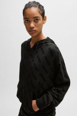 Jersey zip-up hoodie with flock-print logos, Black Patterned