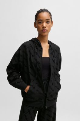 Jersey zip-up hoodie with flock-print logos, Black Patterned