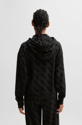 Jersey zip-up hoodie with flock-print logos, Black Patterned