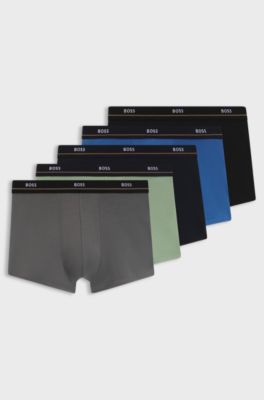 Five-pack of stretch-cotton trunks with logo waistbands, Grey / Green / Blue / Black