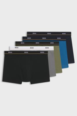 Five-pack of stretch-cotton trunks with logo waistbands, Grey / Green / Blue / Black