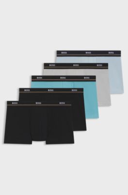 Lot de cinq boxers courts en coton stretch avec taille logot&eacute;e, Noir / Gris / Bleu