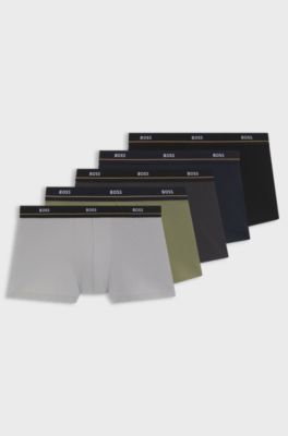Five-pack of stretch-cotton trunks with logo waistbands, Grey / Green / Blue / Black