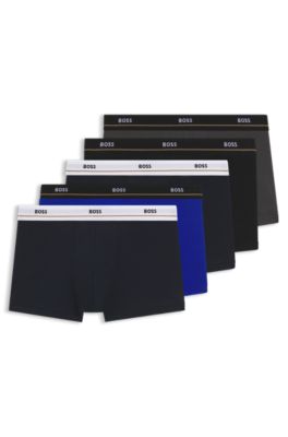 Five-pack of stretch-cotton trunks with logo waistbands, Black / Grey / Blue