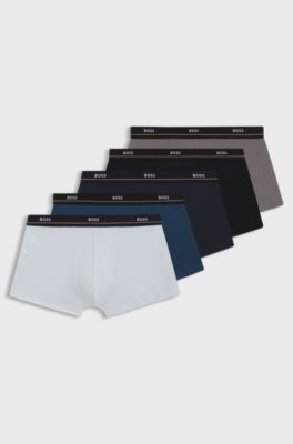 Five-pack of stretch-cotton trunks with logo waistbands, Black / Grey / Blue