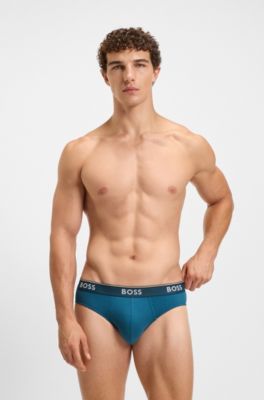 Three-pack of stretch-cotton briefs with logo waistbands, Black / Grey / Blue