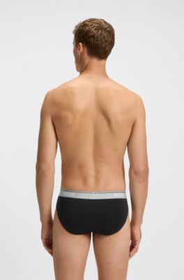 Lot de trois slips en coton stretch avec taille logot&eacute;e, Noir