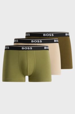 Three-pack of stretch-cotton trunks with logo waistbands, Green / Light Beige