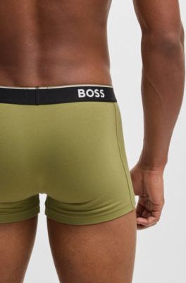 Three-pack of stretch-cotton trunks with logo waistbands, Green / Light Beige
