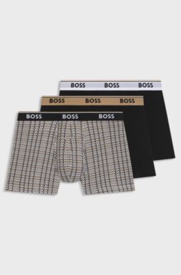 Three-pack of stretch-cotton boxer briefs with logos, Black / Beige
