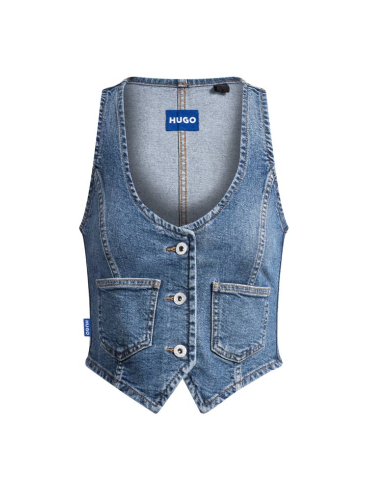 Artikel klicken und genauer betrachten! - Progressives HUGO Top mit Signature-Details. Der ärmellose Style aus komfortablem blauem Stretch-Denim ist mit Knöpfen auf der Vorderseite versehen. | im Online Shop kaufen