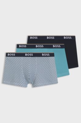 Three-pack of logo-waistband trunks in stretch cotton, Turquoise / Blue