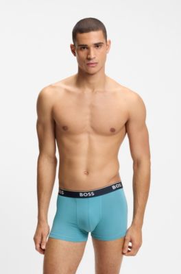 Three-pack of logo-waistband trunks in stretch cotton, Turquoise / Blue