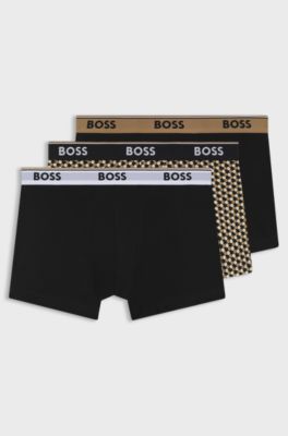 Three-pack of logo-waistband trunks in stretch cotton, Black / Beige