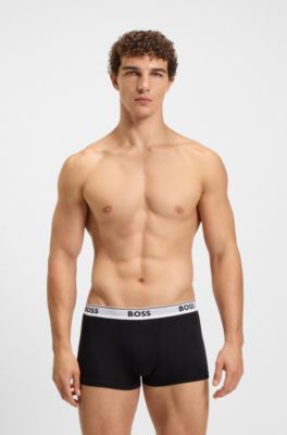 Three-pack of logo-waistband trunks in stretch cotton, Black / Beige