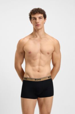 Three-pack of logo-waistband trunks in stretch cotton, Black / Beige