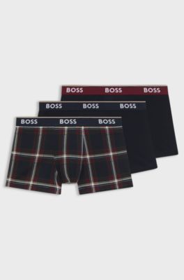 Three-pack of logo-waistband trunks in stretch cotton, Blue Patterned