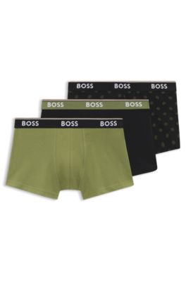 Three-pack of logo-waistband trunks in stretch cotton, Black / Green