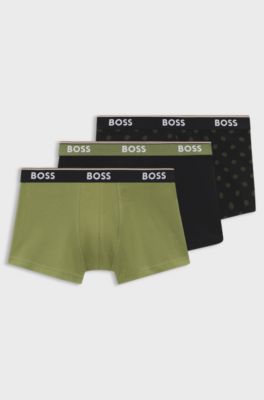 Three-pack of logo-waistband trunks in stretch cotton, Black / Green